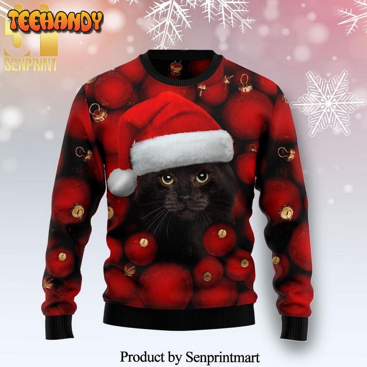 Black Cat Ornament Knitted Ugly Xmas Sweater