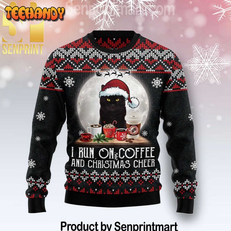 Black Cat Run On Coffee Gift Ideas Wool Knitted Pattern Ugly Xmas Sweater