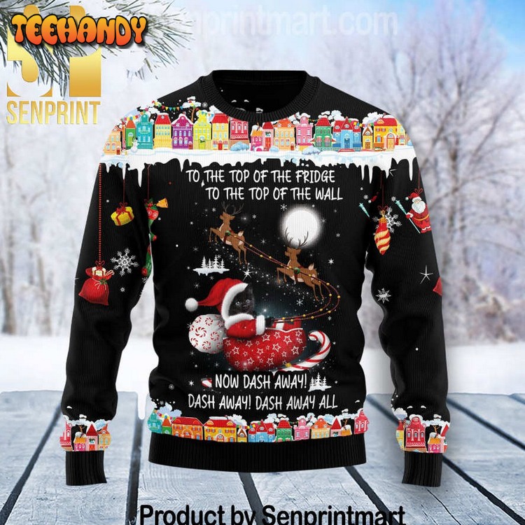 Black Cat Sleigh Christmas 3D Holiday Knit Ugly Xmas Sweater