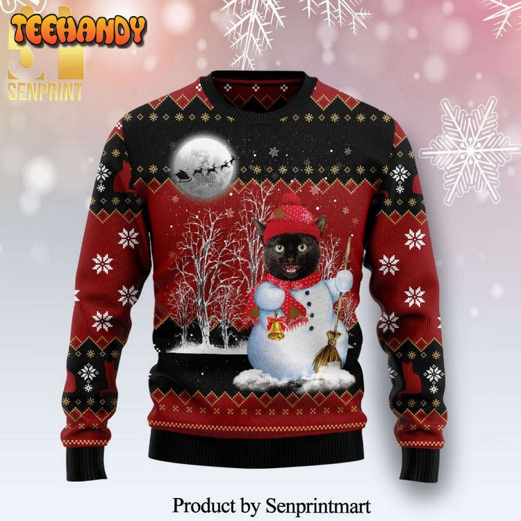 Black Cat Snowman Knitted Ugly Xmas Sweater