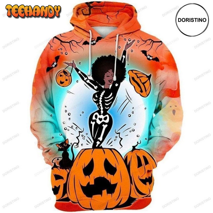 Black Girl With Skeleton Halloween Pullover 3D Hoodie