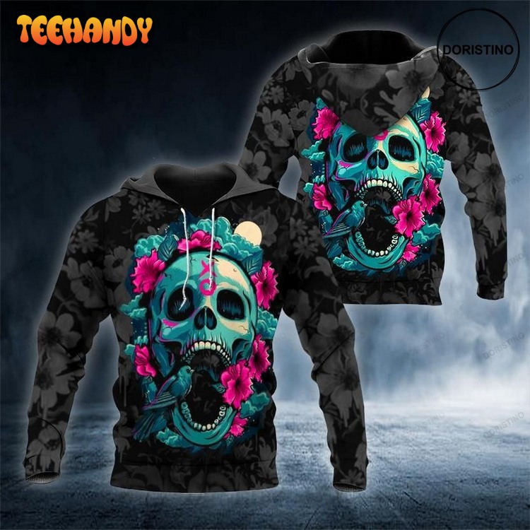 Blue Flower Skull Pullover 3D Hoodie