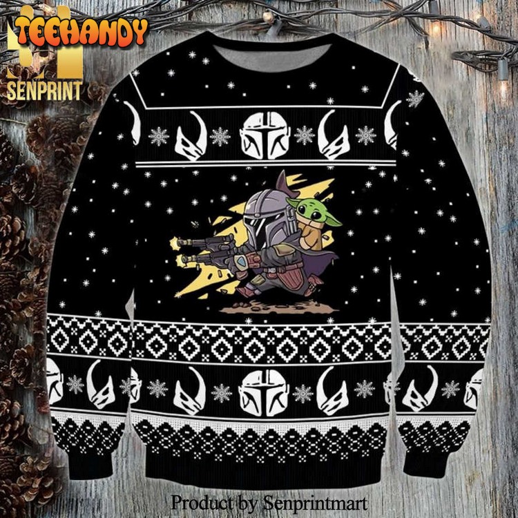 Boba Fett Baby Yoda Star Wars Shooting Pew Pew Knitted Ugly Xmas Sweater