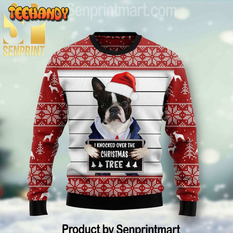 Boston Terrier I Knocked Over The Christmas Tree 3D Ugly Xmas Sweater