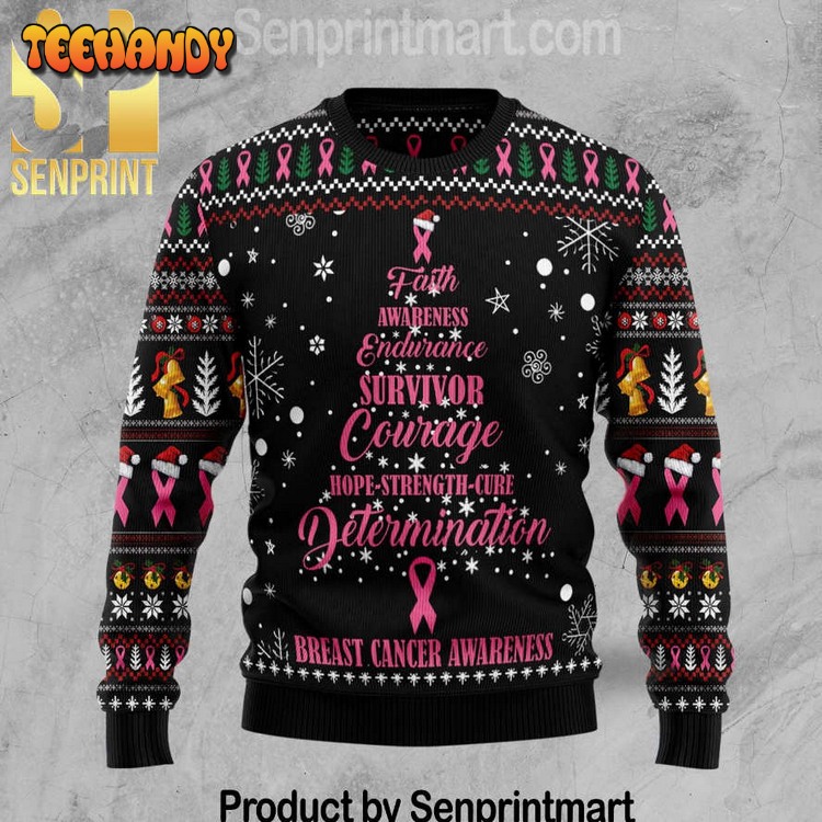 Breast Cancer Christmas Tree Gift Ideas Pattern Ugly Xmas Sweater