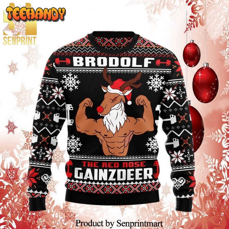 Brodolf The Red Nose Gainzdeer Gym Knitted Ugly Xmas Sweater