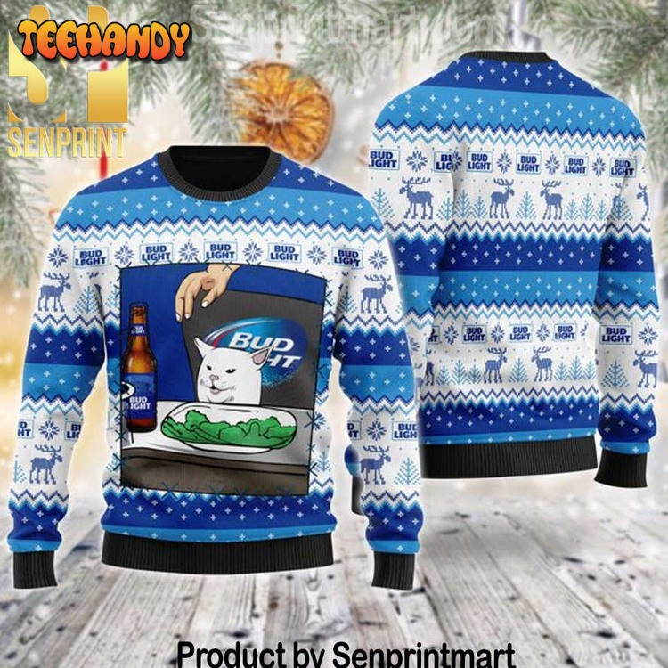 Bud Light Cat Meme Pattern Knit Ugly Xmas Sweater