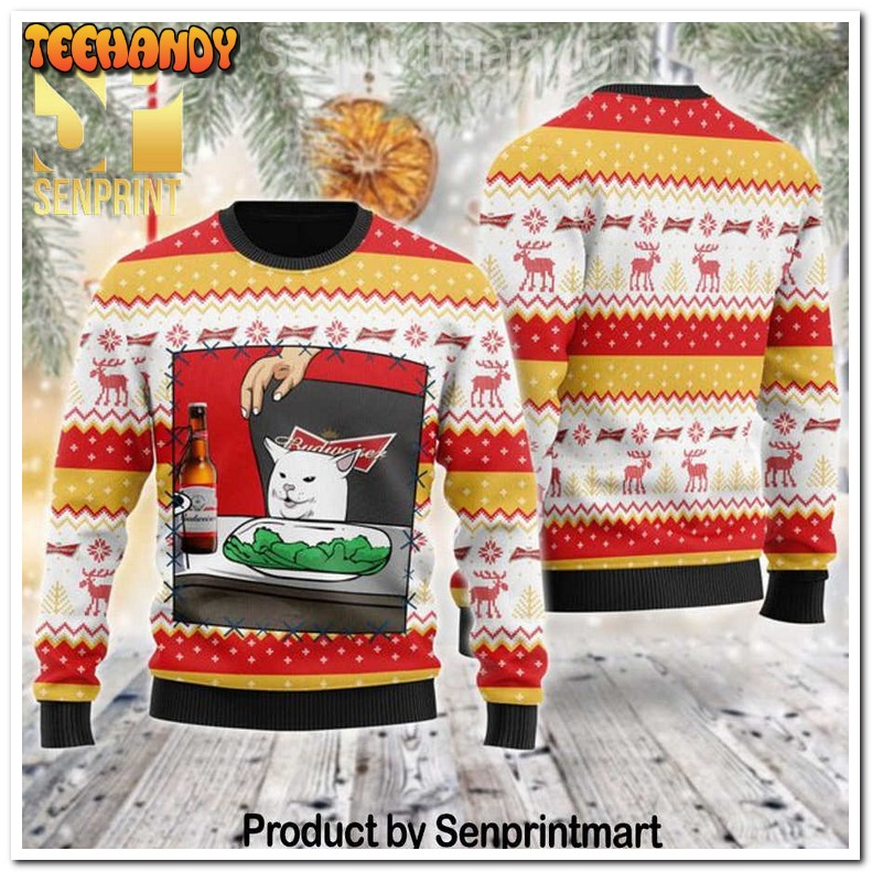 Budweiser Cat Meme Holiday Time All Over Print Knitting Pattern Ugly Xmas Sweater