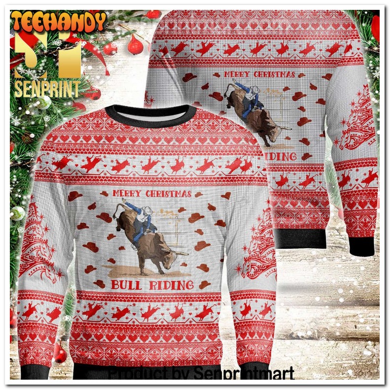 Bull Riding Holiday Time All Over Print Knitting Pattern Ugly Xmas Sweater