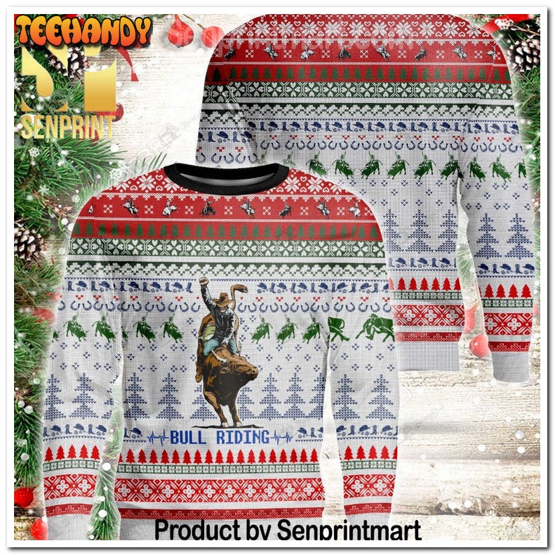 Bull Riding Xmas Gifts Full Printed Wool Ugly Xmas Sweater