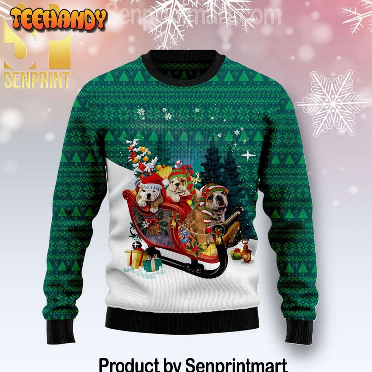 Bulldog Sleigh Full Printing Ugly Xmas Sweater