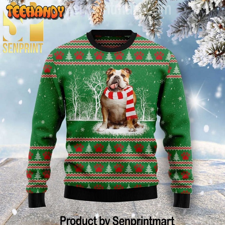 Bulldog Winter Tree All Over Printed Ugly Xmas Sweater