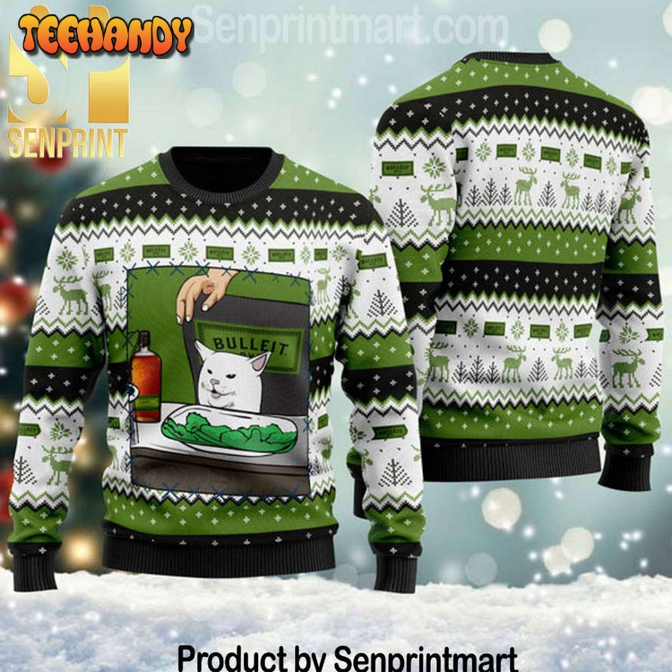 Bulleit Rye Whiskey Cat Meme Pattern Knit Ugly Xmas Sweater