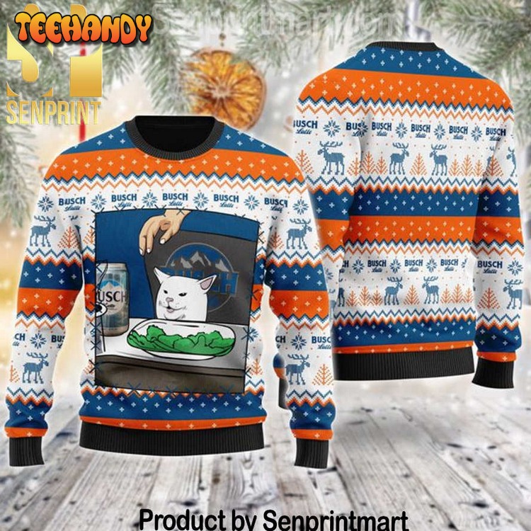 Busch Latte Cat Meme Pattern Ugly Xmas Sweater