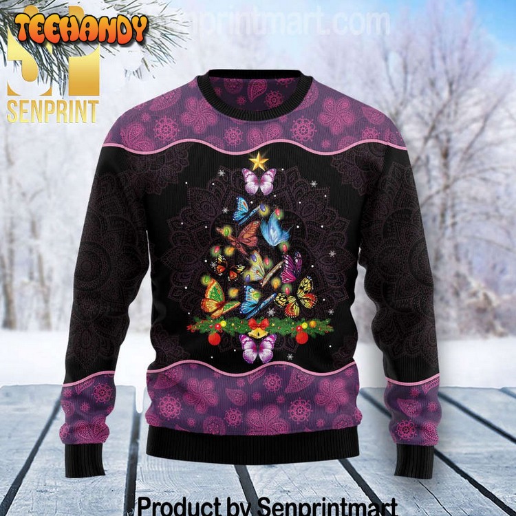 Butterfly Christmas Tree All Over Printed Ugly Xmas Sweater