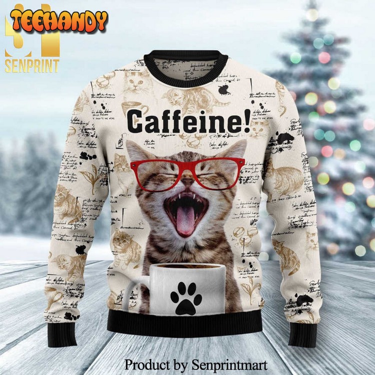 Caffeine Cat Knitted Ugly Xmas Sweater