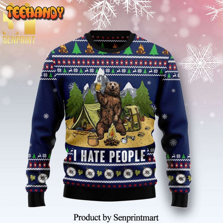 Camping Bear I Hate People Knitted Ugly Xmas Sweater