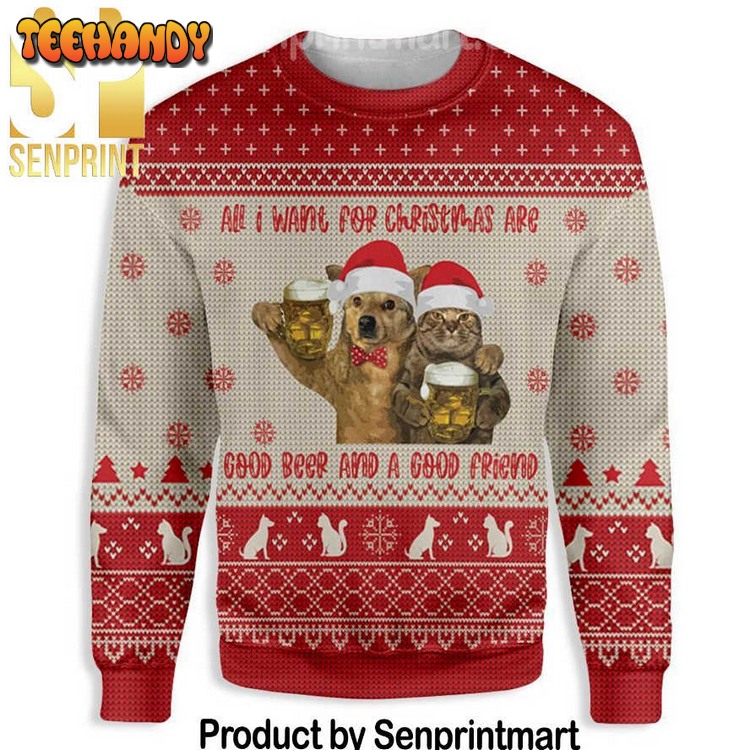 Cat All I Want For Christmas Are Good Beer And A Good Friend Ugly Sweater