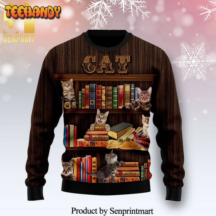 Cat And Bookshelf Knitted Ugly Xmas Sweater