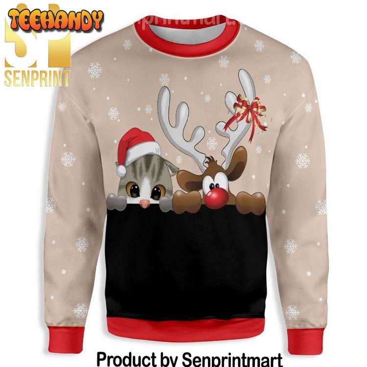 Cat And Reindeer Pattern Knit Ugly Xmas Sweater