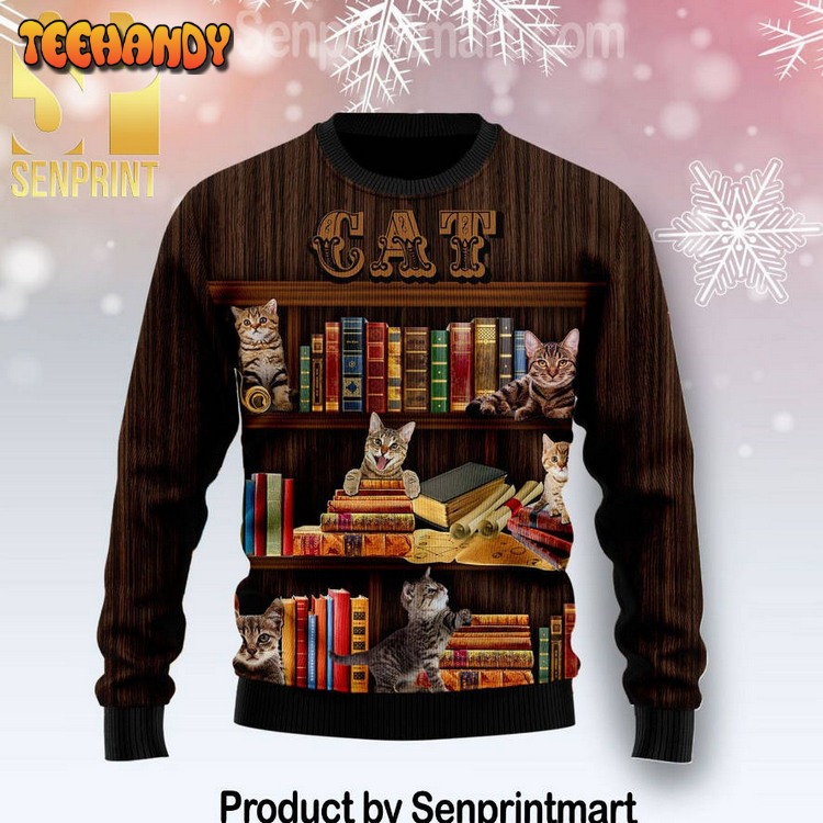 Cat Bookcase Chirtmas Time Wool Knitted Ugly Xmas Sweater