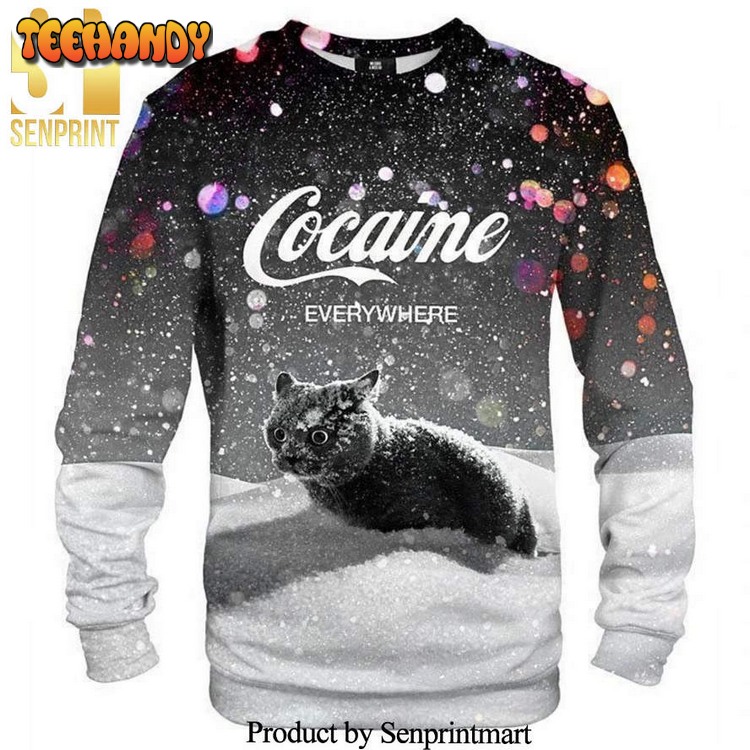 Cat Cocaine Everywhere Knitted Ugly Xmas Sweater