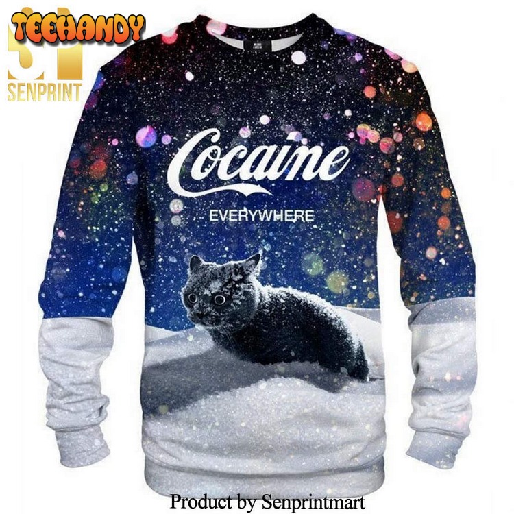 Cat Cocaine Snow Everywhere Knitted Ugly Xmas Sweater