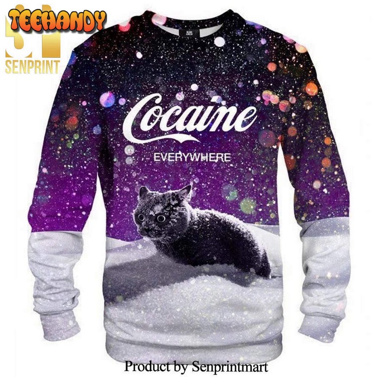 Cat Cocaine Snow Knitted Ugly Xmas Sweater