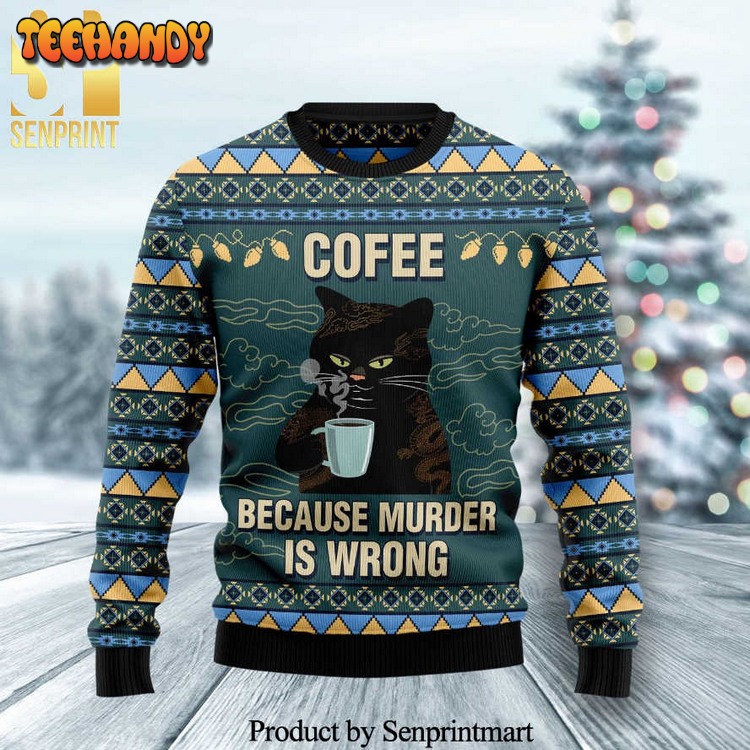 Cat Coffee Because Murder Is Wrong Knitted Ugly Xmas Sweater