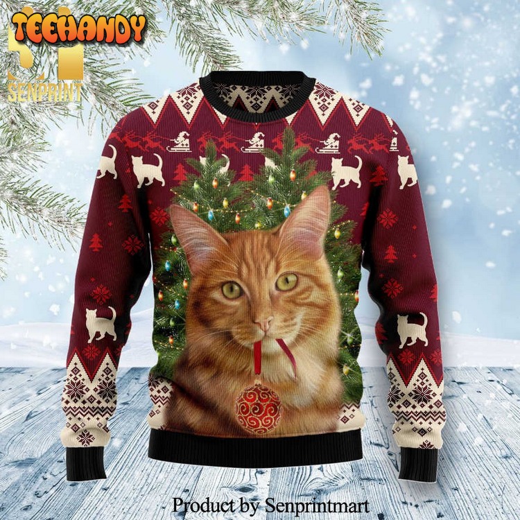 Cat Decor Pine Knitted Ugly Xmas Sweater