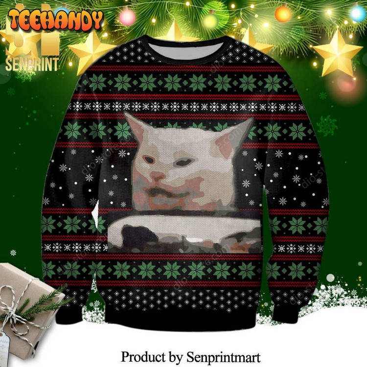 Cat Getting Yelled Knitted Ugly Xmas Sweater