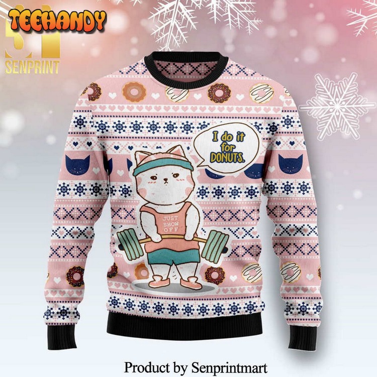 Cat I Do It For Donuts Knitted Ugly Xmas Sweater