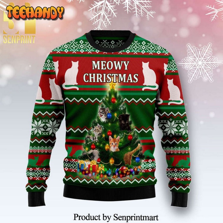 Cat Meowy Christmas Knitted Ugly Xmas Sweater