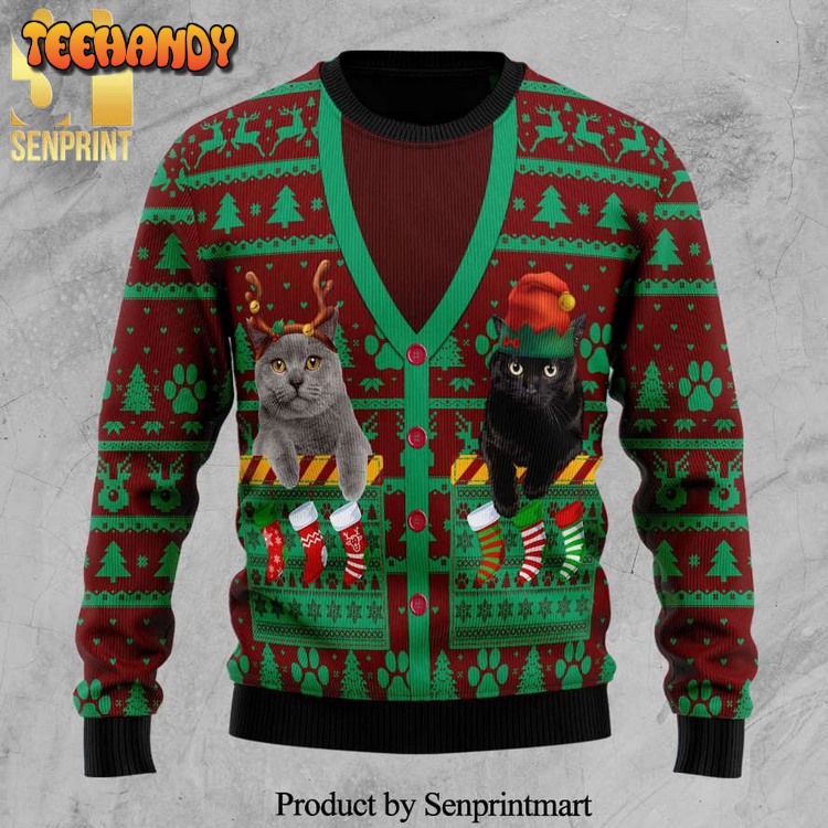 Cat Pocket Xmas Knitted Ugly Xmas Sweater