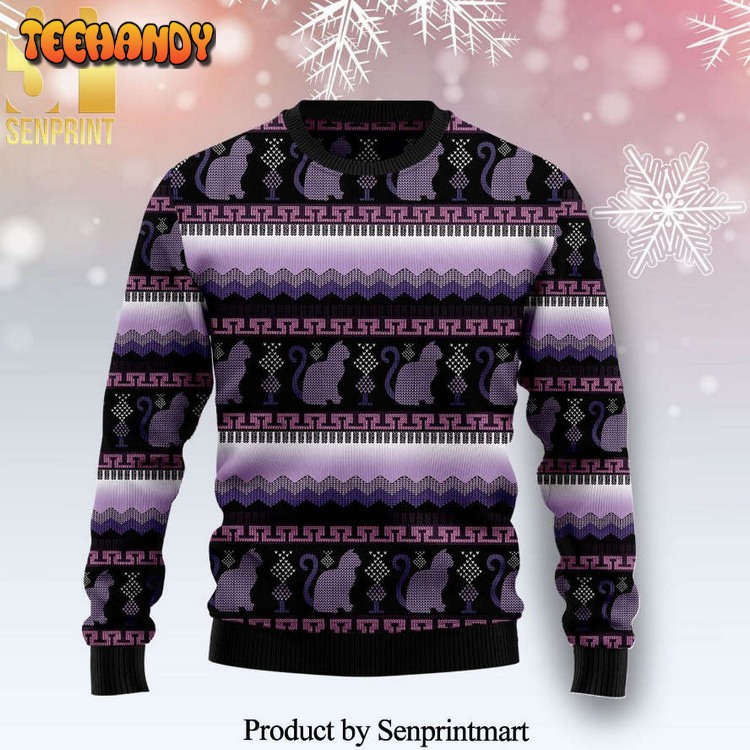 Cat Purple Pattern Knitted Ugly Xmas Sweater