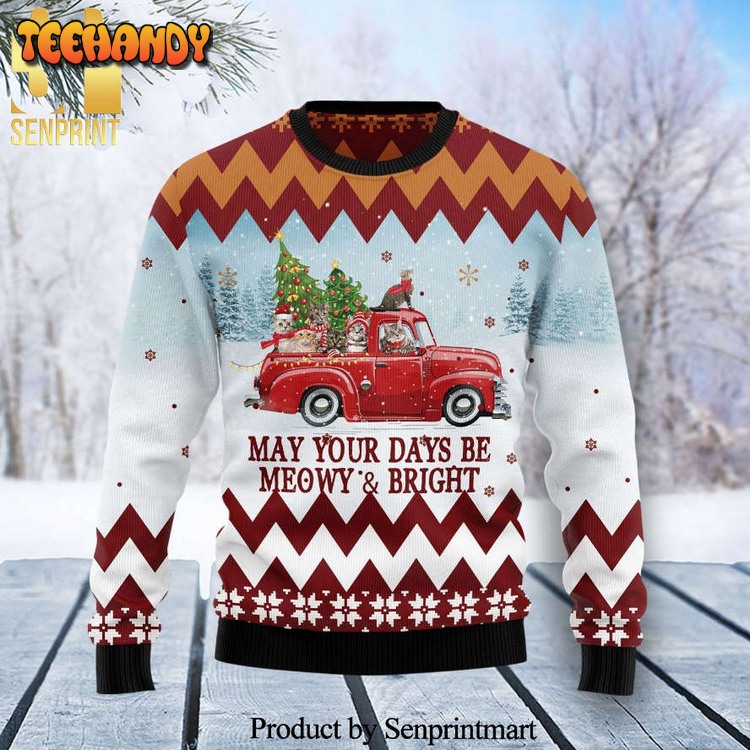 Cat Red Truck Knitted Ugly Xmas Sweater