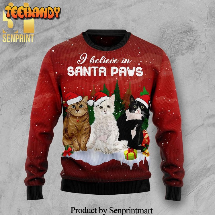 Cat Santa Paws Knitted Ugly Xmas Sweater