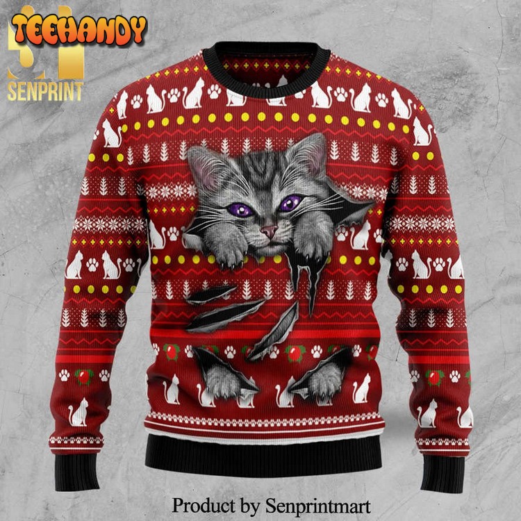 Cat Scratch Knitted Ugly Xmas Sweater