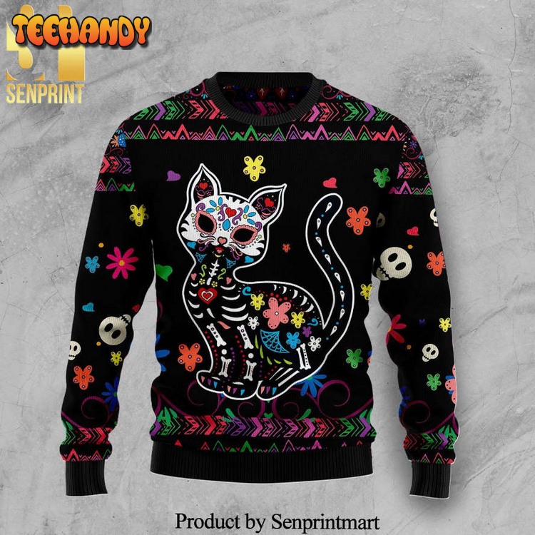 Cat Sugar Skull Knitted Ugly Xmas Sweater