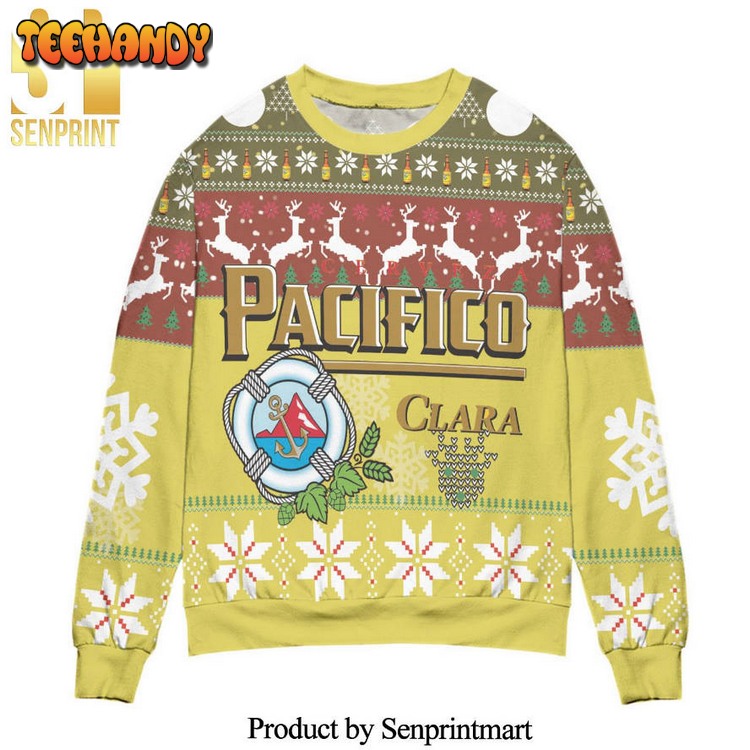 Cerveza Pacifico Clara Snowflake And Reindeer Pattern Ugly Xmas Sweater