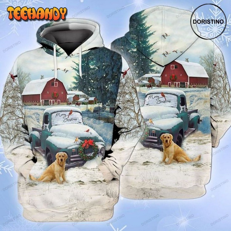 Christmas Farm Blue Truck With Red Barn And Retriever Dog Pullover 3D Hoodie
