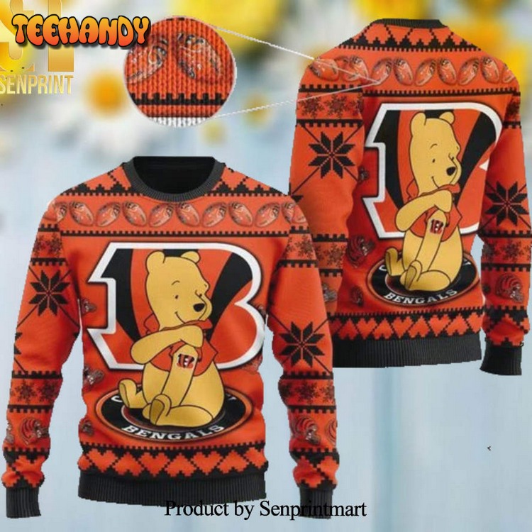 Cincinnati Bengals NFL Team Logo Cute Winnie The Pooh Bear Ugly Xmas Sweater