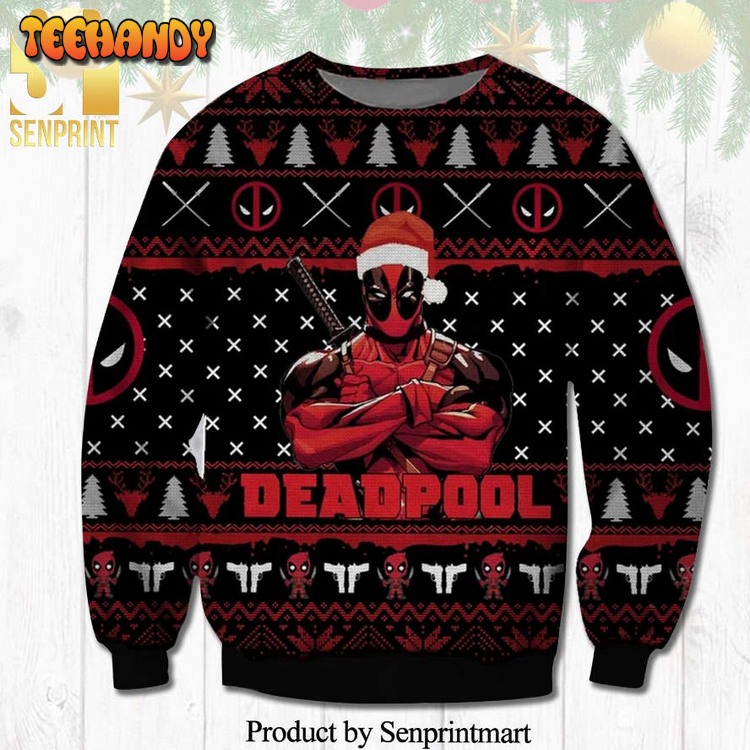 Cool Deadpool Pine Tree And Reindeer Pattern Ugly Xmas Sweater