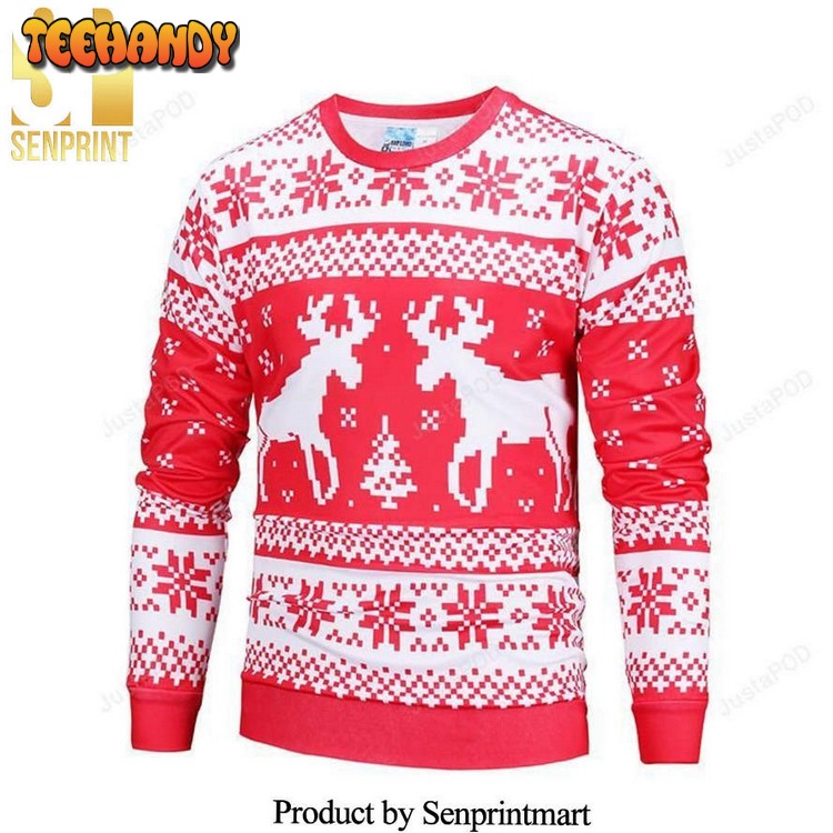 Cool Reindeer Striped Pattern Icon Red Knitted Ugly Xmas Sweater