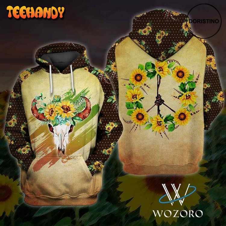 Cow Skull Sunflower Boho Peace Hippie All Over Print Pullover 3D Hoodie