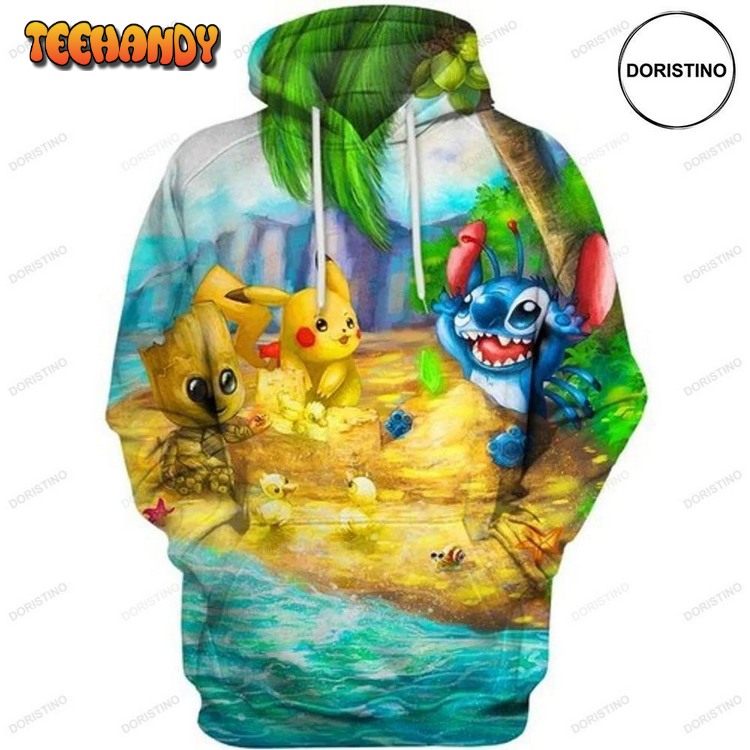 Cute Things On The Beach Pikachu Stitch Groot Ed Pullover 3D Hoodie