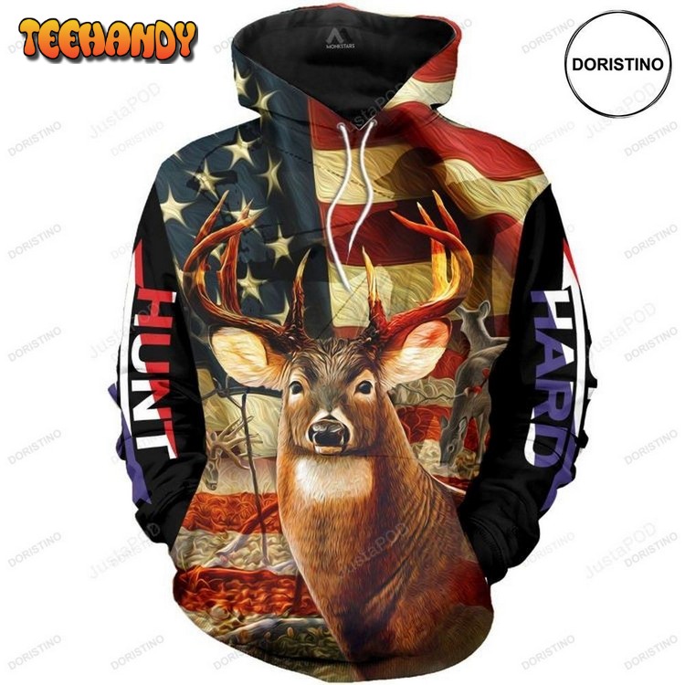 Deer Hunting Us Flag Awesome Pullover 3D Hoodie