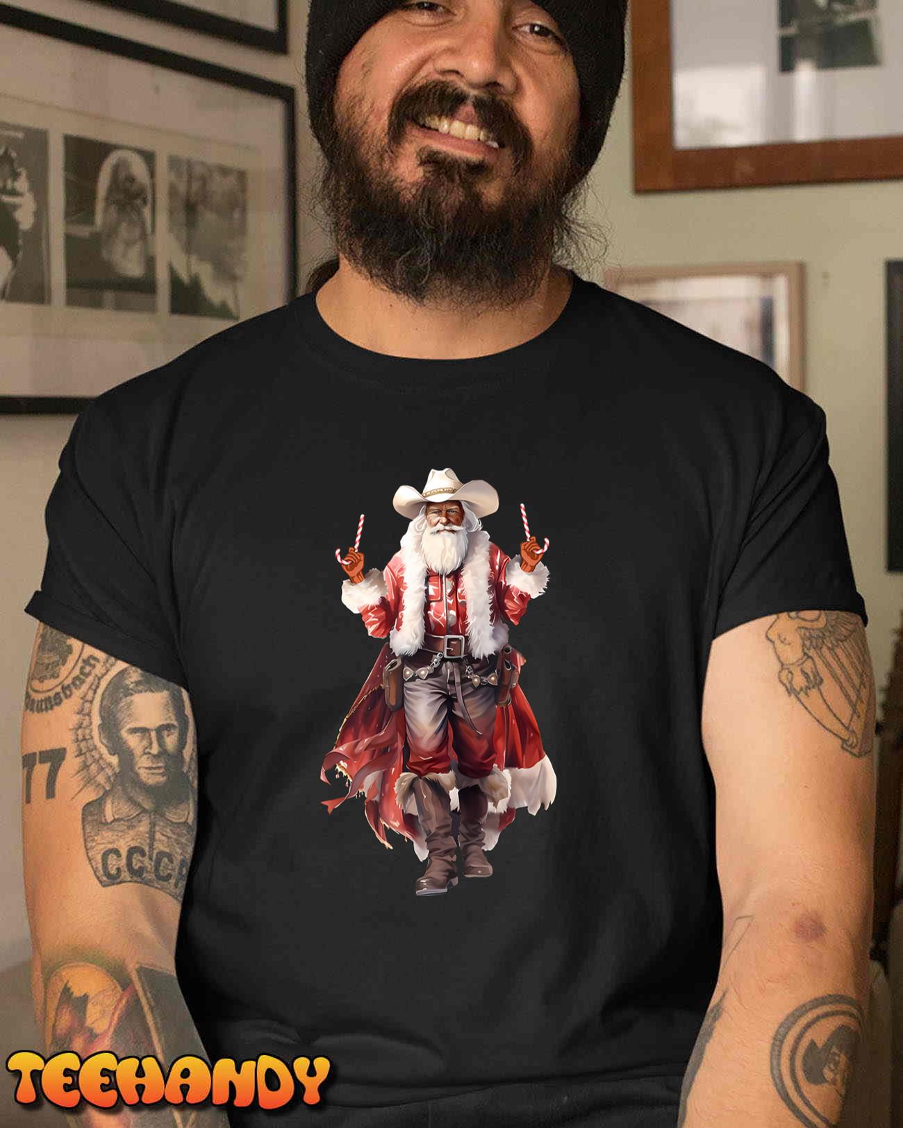 Funny Christmas Western Cowboy Santa Claus And Candy Cane T-Shirt