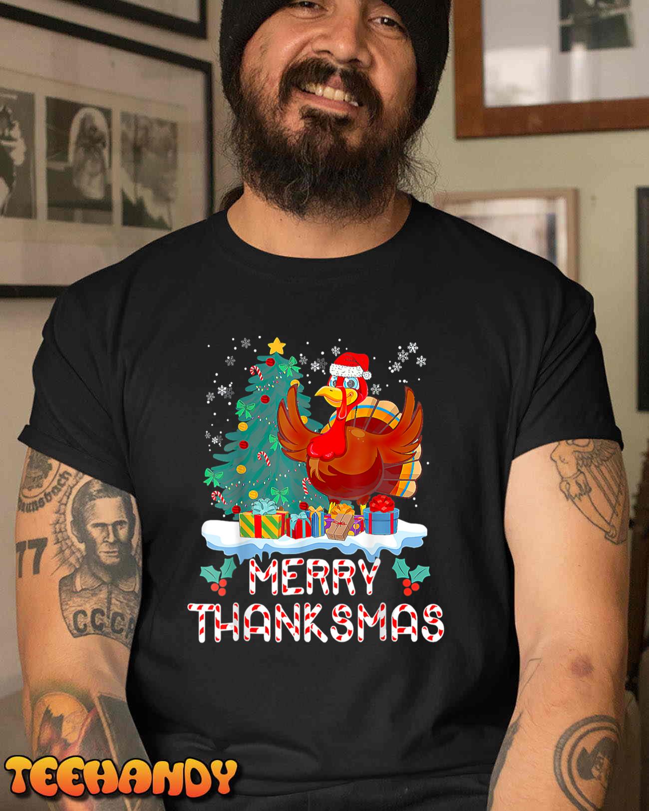 Funny Turkey Santa Merry Thanksmas Christmas Thanksgiving T-Shirt
