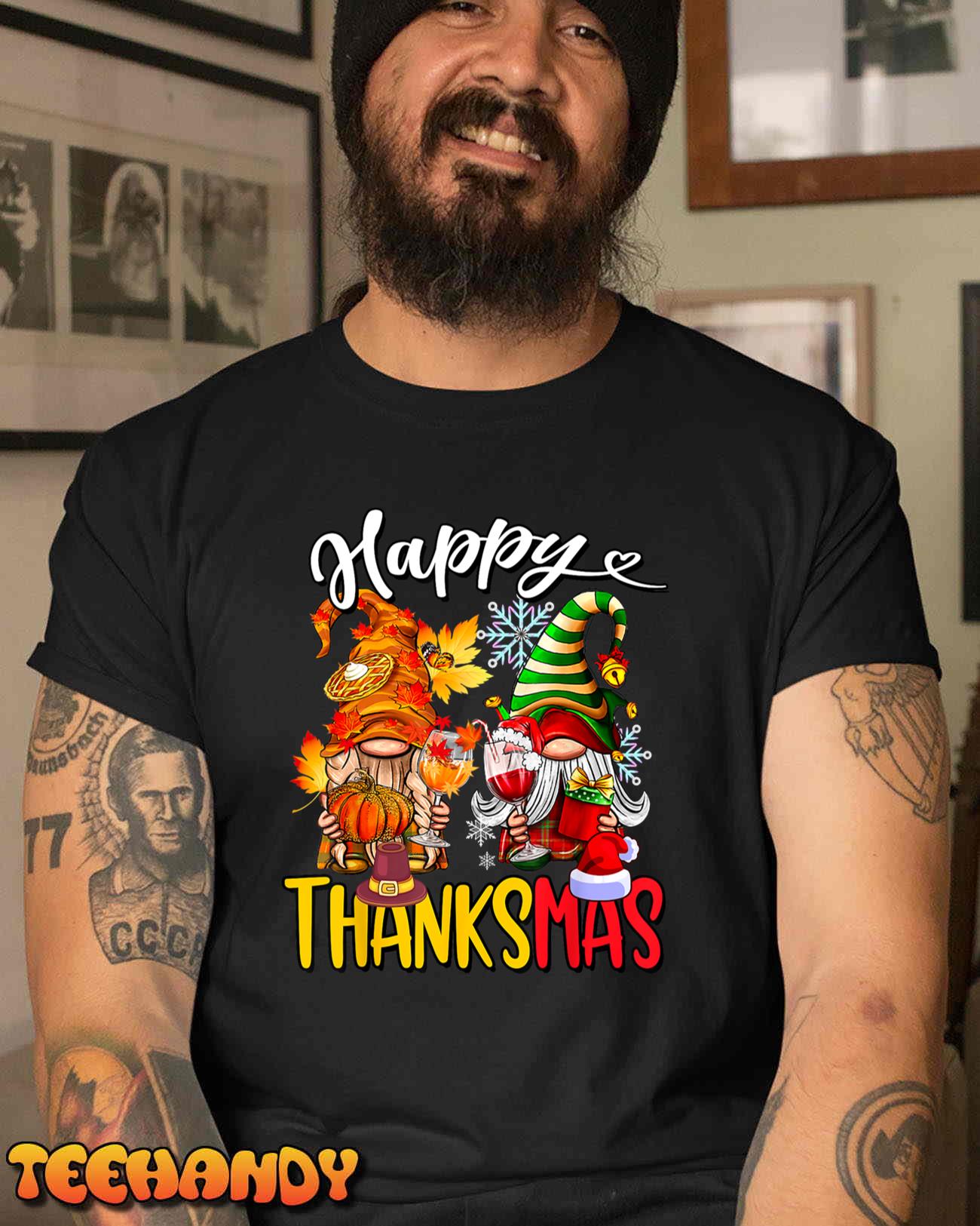 Happy Thanksmas Two Gnomes Wine Glass Thanksgiving Christmas T-Shirt